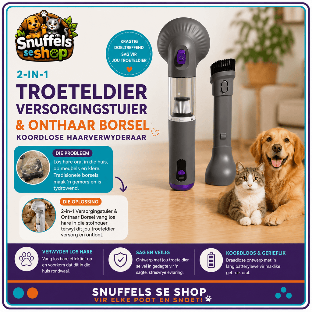 Kragtelose 2-in-1 troeteldier versorgingstuier en onthaarborsel met afneembare stofbeker, grys en swart ontwerp, geskik vir honde en katte.