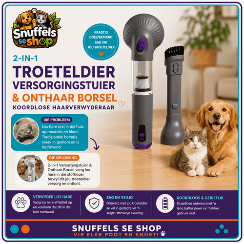 Kragtelose 2-in-1 troeteldier versorgingstuier en onthaarborsel met afneembare stofbeker, grys en swart ontwerp, geskik vir honde en katte.
